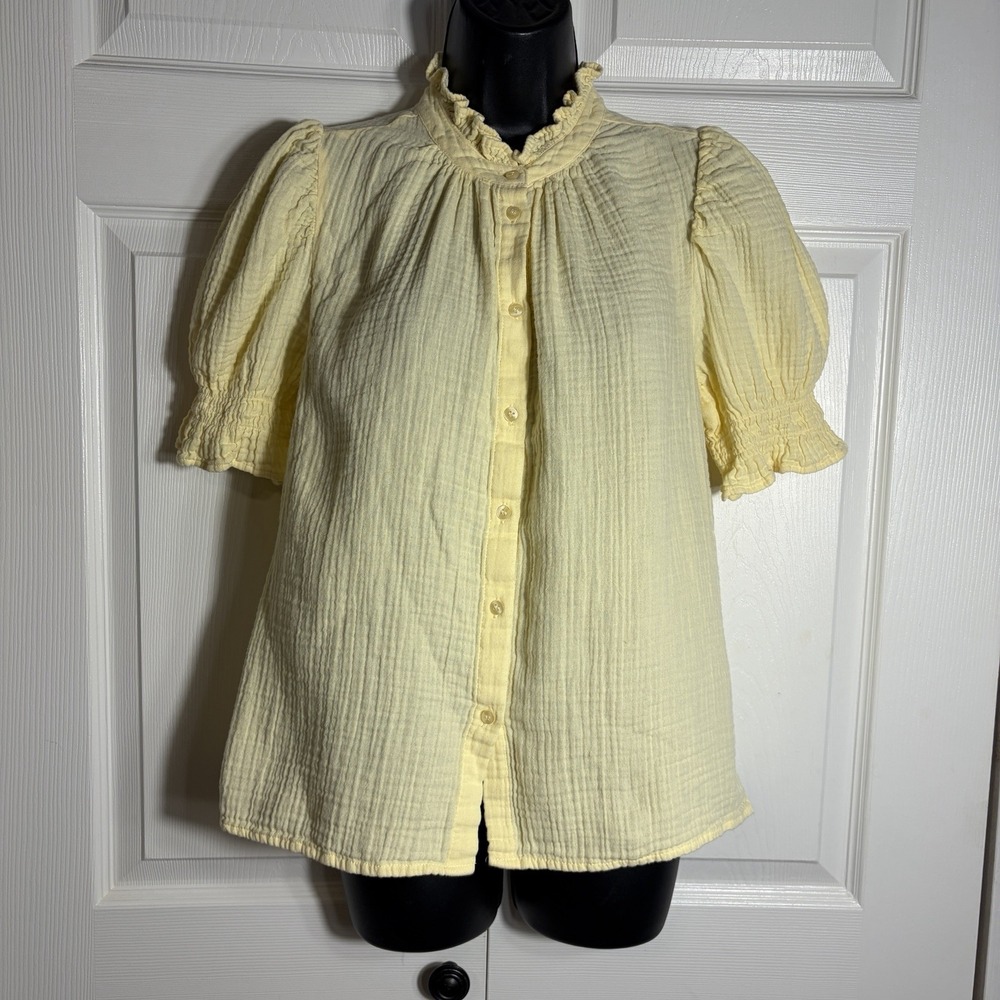 Gap Gauze Shirt Women S Light Yellow Puff Sleeve Ruffle Neck Button Up Cotton